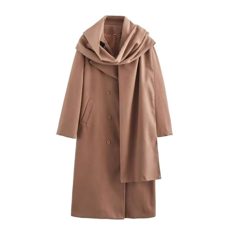 Women Elegant Scarf Collar Long Woolen Coat Solid Color Double Breasted Loose Fit Polyester Overcoat Fashion Winter Outerwear