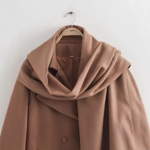 Women Elegant Scarf Collar Long Woolen Coat Solid Color Double Breasted Loose Fit Polyester Overcoat Fashion Winter Outerwear
