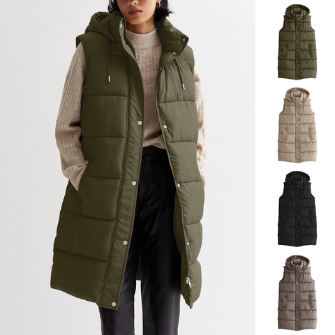 Women's Long Hooded Puffer Vest Windproof Quilted Sleeveless Jacket With Drawstring Pockets For Autumn Winter Casual Outwear