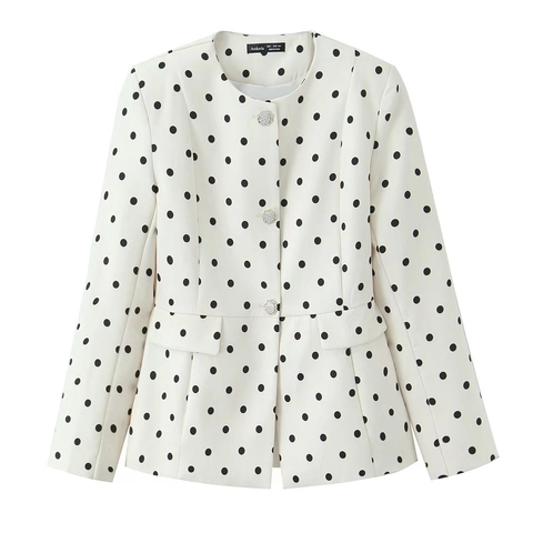 Blazer De Lunares Para Mujer Elegante Cuello Redondo De Manga Larga Chaqueta De Traje Con Botones De Strass Ropa Blanca Para Oficina