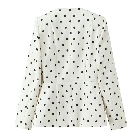 Blazer De Lunares Para Mujer Elegante Cuello Redondo De Manga Larga Chaqueta De Traje Con Botones De Strass Ropa Blanca Para Oficina
