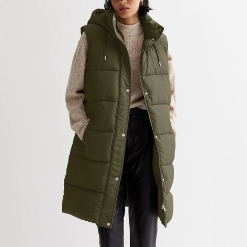 Women's Long Hooded Puffer Vest Windproof Quilted Sleeveless Jacket With Drawstring Pockets For Autumn Winter Casual Outwear