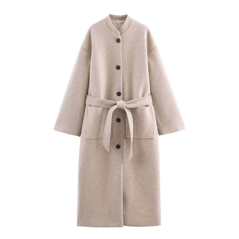 Elegante Soprabito in Lana Con Colletto in Piedi e Allacciatura Manica Lunga Monopetto Tinta Unita Autunno Inverno Trench Lungo