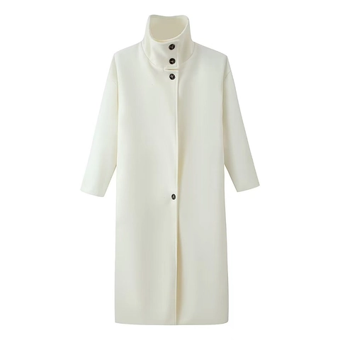 Women's Elegant Stand Collar Long Woolen Coat Solid Color Double Faced Thick Warm Overcoat With Pockets Casual Office Wear