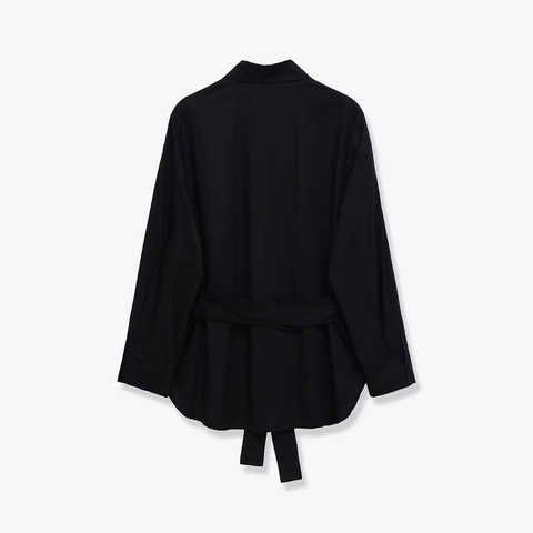 Dames Lange Mouwen Utility Overhemdjas Met Riem Effen Kleur Middellange Blouse Met Borstzakken Bovenkleding