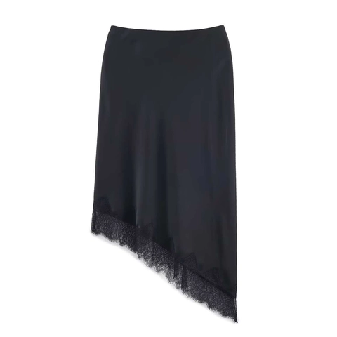 Women Elegant Satin Midi Skirt With Asymmetric Lace Trim Solid Color High Waist Bodycon Skirt For Summer Fashion Lady Bottoms