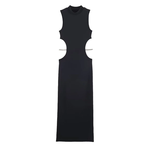 Damen Sexy Cut Out Strasskette Maxikleid Ärmellos Stehkragen Körperbetont Slim Fit Schwarz Abendparty Nachtclub Kleid