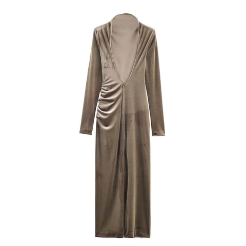 Elegantes Gerafftes Samt Maxi Kleid Für Damen Stehkragen Schulterpolster Slim Fit Party Bankett Langarm Bodycon Kleid