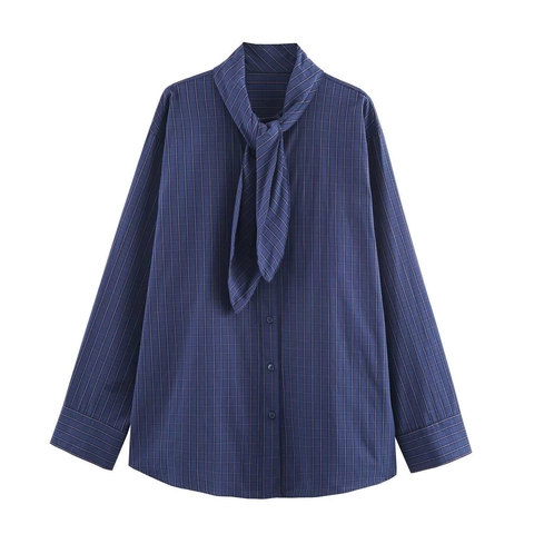 Γυναικείο Χαλαρό Καρό Πουκάμισο Με Γιακά-Κασκόλ Μακρυμάνικο Casual Με Κουμπιά Πολυεστέρας Τοπ Για Φθινόπωρο