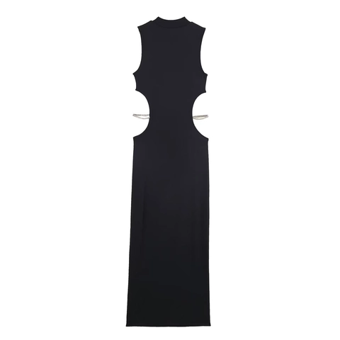 Damen Sexy Cut Out Strasskette Maxikleid Ärmellos Stehkragen Körperbetont Slim Fit Schwarz Abendparty Nachtclub Kleid