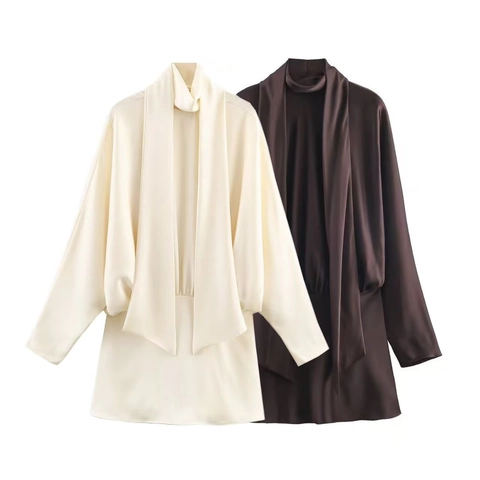 Women's Elegant Satin Scarf Collar Long Sleeve Mini Dress Solid Color Minimalist Pullover Party Dress