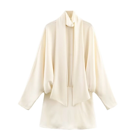 Women's Elegant Satin Scarf Collar Long Sleeve Mini Dress Solid Color Minimalist Pullover Party Dress