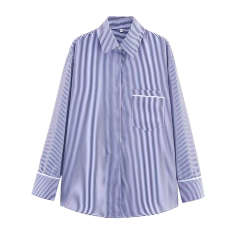 Damen Elegant Gestreift Pyjama Set Blau Weiß Popeline Langarm Hemd Und Lange Hose Hausanzug Casual Home Suit Für Damen