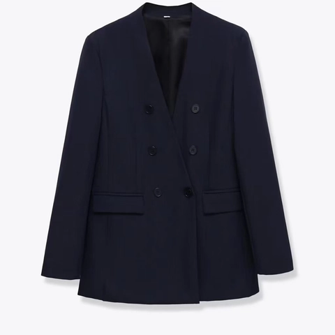 Women's Professional V Neck Double Breasted Suit Jacket Elegant Solid Color Office Blazer With Pockets Slim Fit Long Sleeve Outerwear