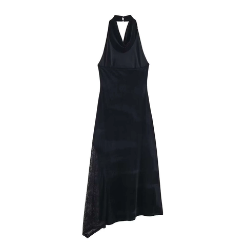 Elegantes Damen Samt Neckholder Midikleid Mit Spitze Spleißen Rückenfrei Asymmetrischer Saum Einfarbig Bankett Partykleid