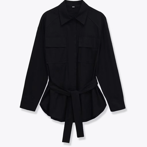 Dames Lange Mouwen Utility Overhemdjas Met Riem Effen Kleur Middellange Blouse Met Borstzakken Bovenkleding
