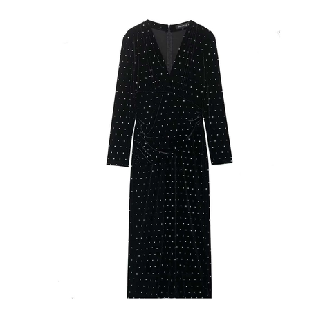 Elegantes Schwarzes Samt Langarm Maxikleid Für Damen Schlanke Passform Tiefer V-Ausschnitt Strass Perlen Raffkleid Abendparty