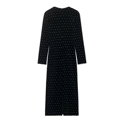 Elegantes Schwarzes Samt Langarm Maxikleid Für Damen Schlanke Passform Tiefer V-Ausschnitt Strass Perlen Raffkleid Abendparty