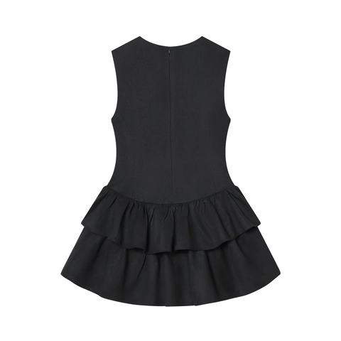 Vintage Court Style Faux Suede Sleeveless Midi Dress Round Neck Double Layer Ruffled Hem Solid Color Summer Dress Women