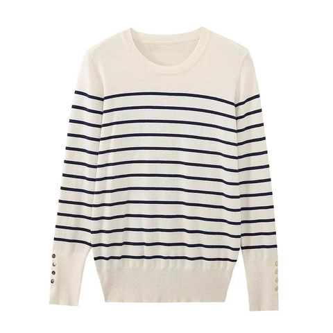 Pull en Tricot Élégant à Col Rond et Manches Longues pour Femmes Avec Boutons Décoratifs aux Poignets Haut Slim Basic