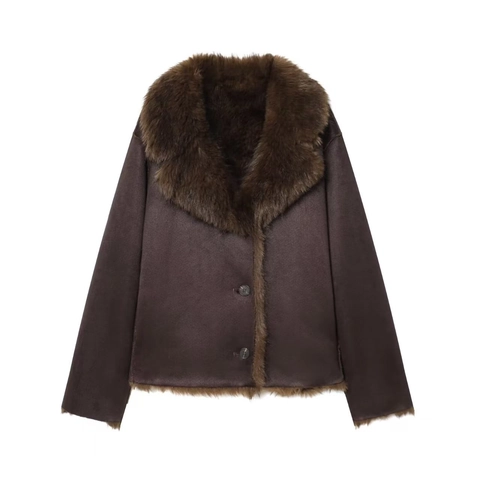 Dames Dikke Imitatiesuède Jas met Imitatiebont Trim Halflang Enkele Rij Knopen Warme Winterjas Effen Donkerbruin Polyester Jas