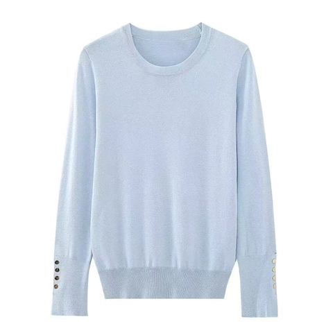 Pull en Tricot Élégant à Col Rond et Manches Longues pour Femmes Avec Boutons Décoratifs aux Poignets Haut Slim Basic