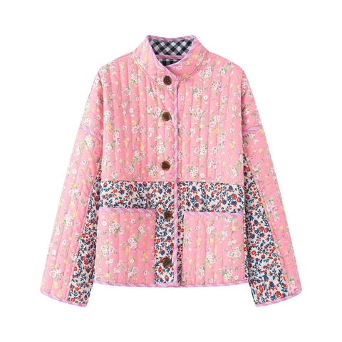 Women Vintage Pink Floral Patchwork Quilted Jacket Stand Collar Single Breasted Padded Winter Coat Warm Outerwear Plaid Lining