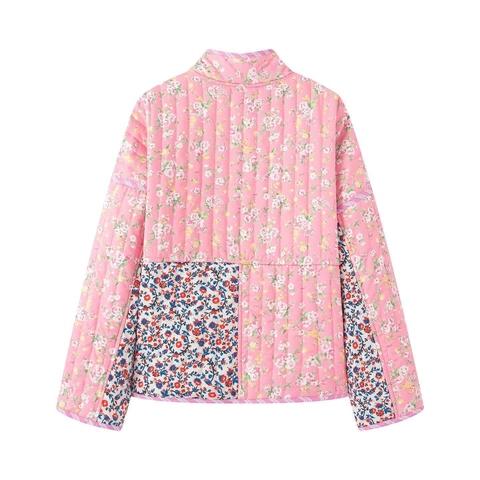 Women Vintage Pink Floral Patchwork Quilted Jacket Stand Collar Single Breasted Padded Winter Coat Warm Outerwear Plaid Lining