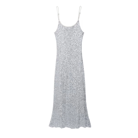 Damen Elegant Silber Pailletten Slip Kleid Bodycon Maxi Party Kleid Hohe Taille Ärmellos Rückenfrei Abendkleid Für Bankett