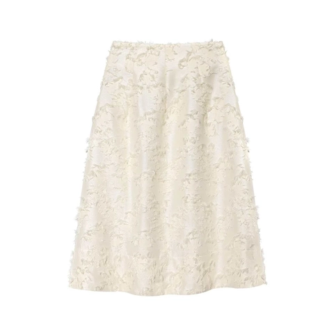 Women Elegant High Waist A-Line Midi Skirt Creamy White Satin Texture 3D Feather Jacquard Fringe Skirt Commuter Style Skirt
