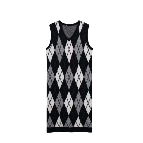 Damen Vintage Argyle V-Ausschnitt Ärmellos Strick Midi Kleid Retro Gerade Weste Kleid Strickwaren