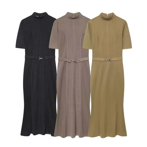 Damen Eleganter Kurzarm Midi Kleid Mit Gürtel Stehkragen Schlanke Passform Einfarbig Polyester Bodycon Fischschwanz Pendler Kleid
