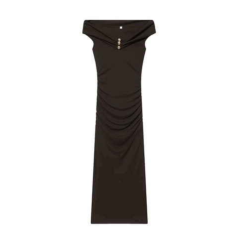 Damen Elegantes Schulterfreies Gerafftes Maxikleid Dunkelbraun Ärmelloses Eng Anliegendes Langes Kleid Mit Goldknöpfen