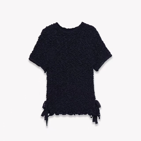 Women Casual Popcorn Crinkle Ruched Short Sleeve T-Shirt Tie Back Slim Fit Polyester Solid Color Elegant Summer Tops