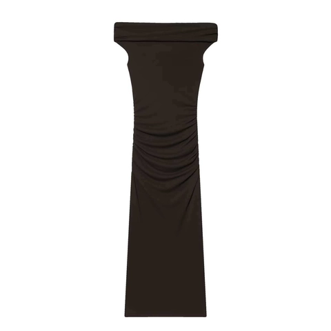 Damen Elegantes Schulterfreies Gerafftes Maxikleid Dunkelbraun Ärmelloses Eng Anliegendes Langes Kleid Mit Goldknöpfen