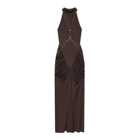 Damen Elegant Kaffee Strick Neckholder Maxikleid Mit Gold Metallkette Detail Rückenfrei Bodycon Raffung Party Kleid