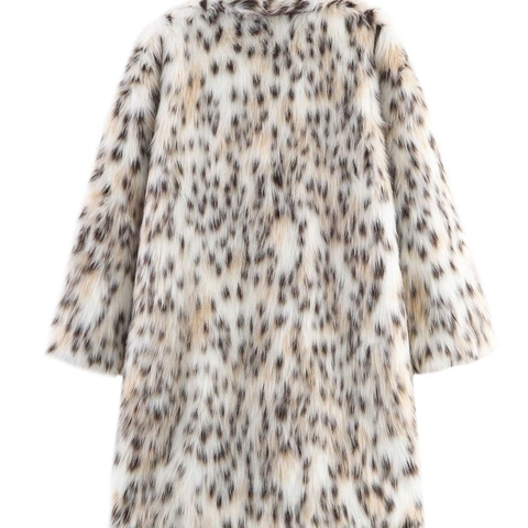 Giacca di Peluche da Donna con Pelliccia Sintetica a Stampa Leopardata Manica Lunga Revers Autunno Inverno Cappotto Lungo Elegante Soprabito