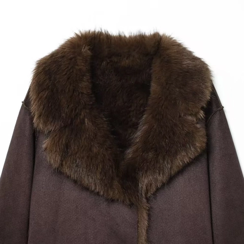 Dames Dikke Imitatiesuède Jas met Imitatiebont Trim Halflang Enkele Rij Knopen Warme Winterjas Effen Donkerbruin Polyester Jas