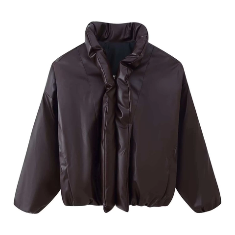 Damen Winter Kunstleder Wattierte Jacke Stehkragen Reißverschluss Locker Warm Mittellang Polyester Steppmantel Outdoor Casual Oberteil