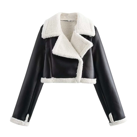 Dames Winter Imitatieleer Bikerjas Met Imitatiebontvoering Reverskraag Contrast Rits Korte Jas Casual Mantel