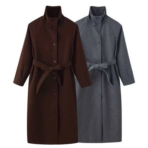 Manteau Long en Laine Élégant pour Femmes avec Col Montant et Ceinture Veste d'Hiver Simple Boutonnage Couleur Unie Mode