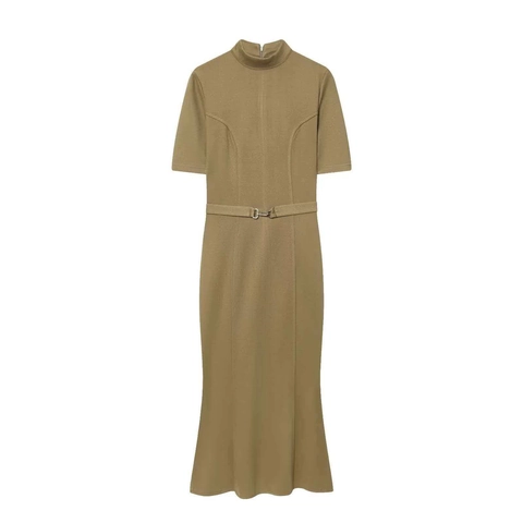 Damen Eleganter Kurzarm Midi Kleid Mit Gürtel Stehkragen Schlanke Passform Einfarbig Polyester Bodycon Fischschwanz Pendler Kleid