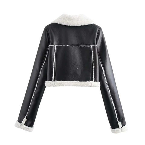Dames Winter Imitatieleer Bikerjas Met Imitatiebontvoering Reverskraag Contrast Rits Korte Jas Casual Mantel