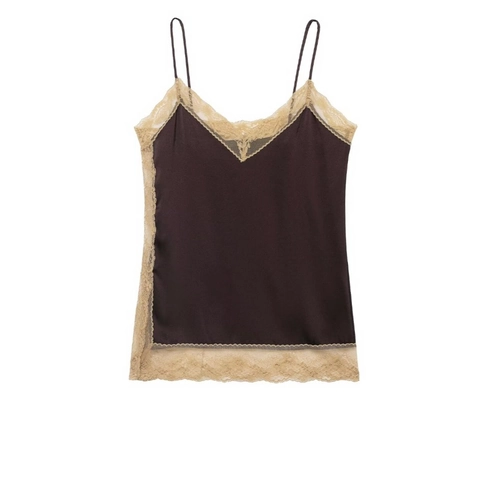Damen Elegant Dunkelbraun Satin Spitze Cami Top Und Midirock Set Ärmellos Patchwork V-Ausschnitt Seidengefühl Partykleidung