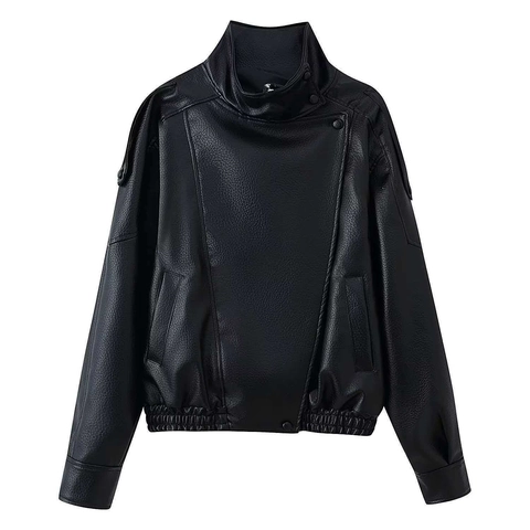 Chaqueta Motera de Cuero Sintético PU para Mujer Textura de Lichi Cuello Alto Dobladillo Elástico Manga Larga Ropa de Abrigo Casual