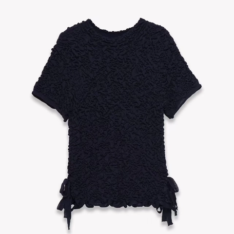 Women Casual Popcorn Crinkle Ruched Short Sleeve T-Shirt Tie Back Slim Fit Polyester Solid Color Elegant Summer Tops