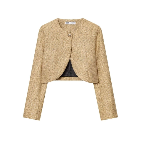 Giacca da Donna Elegante in Tweed con Paillettes Dorate Taglio Corto Manica Lunga con Bottone Decorativo per Festa Ufficio