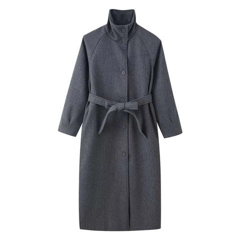 Manteau Long en Laine Élégant pour Femmes avec Col Montant et Ceinture Veste d'Hiver Simple Boutonnage Couleur Unie Mode