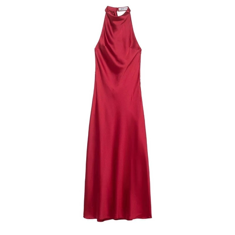 Vestido Midi de Satén con Cuello Halter para Mujer Elegante Color Sólido Rojo Sin Mangas Espalda Descubierta Banquete