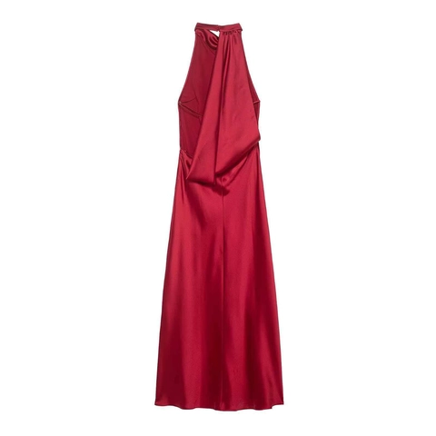 Vestido Midi de Satén con Cuello Halter para Mujer Elegante Color Sólido Rojo Sin Mangas Espalda Descubierta Banquete